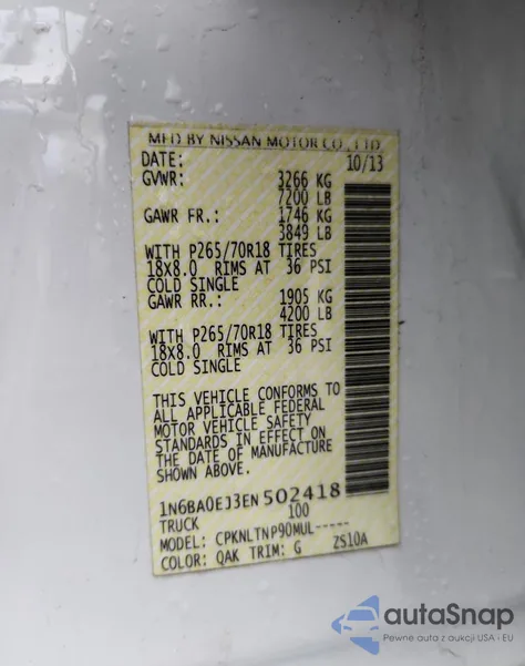 2014 Nissan Titan S из США, поврежденный, VIN 1N6BA0EJ3EN502418